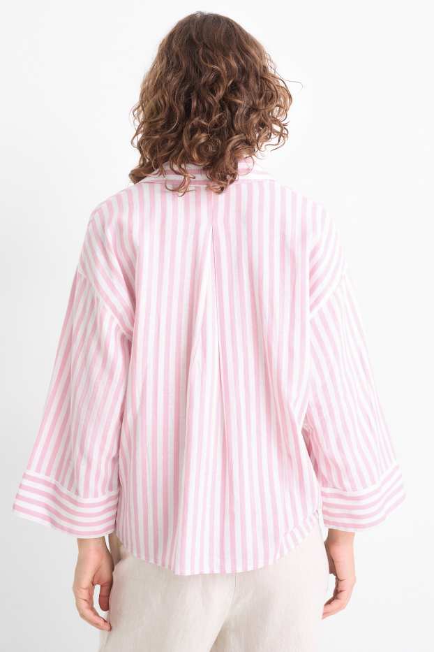 Women - V-neck blouse - linen blend - striped - white / rose