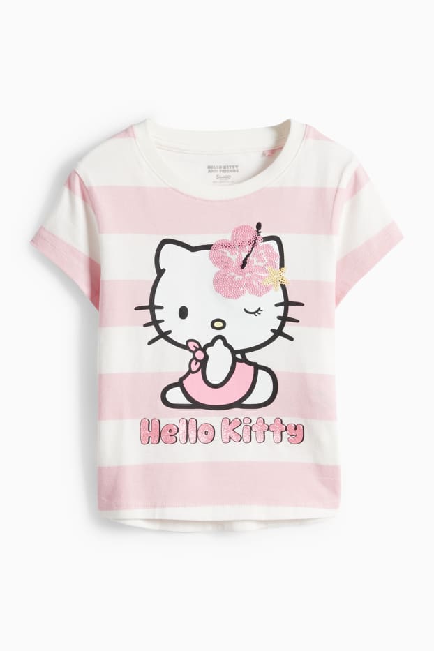 Enfants filles - Hello Kitty - T-shirt - à rayures- effet brillant - blanc / rose