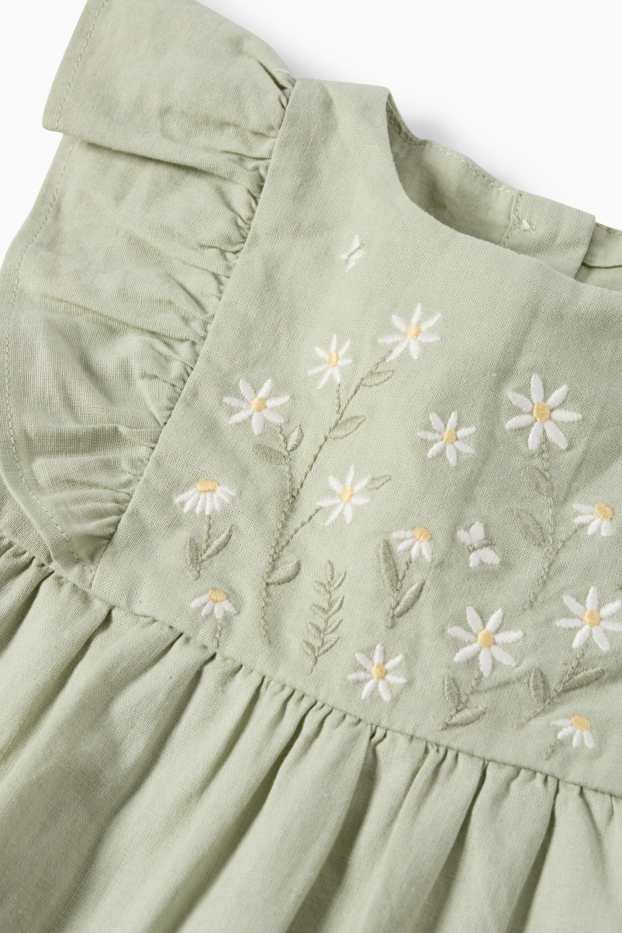 Bebeluși - fete - Floricele - rochie bebeluși, cu conținut de in - verde deschis