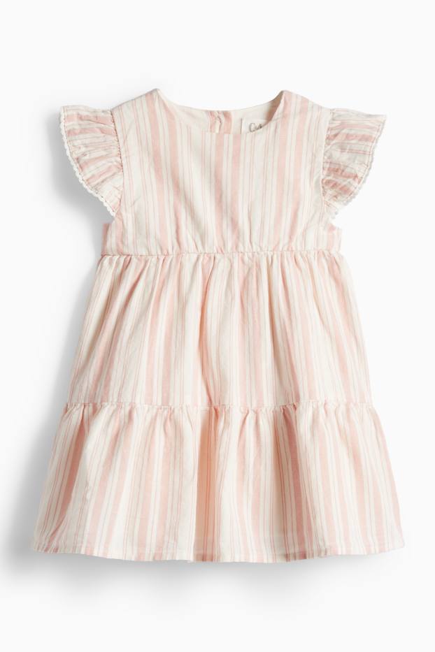 Niemowlęta dziewczynki - Sukienka niemowlęca z lnem - w paski - biały / jasnoróżowy