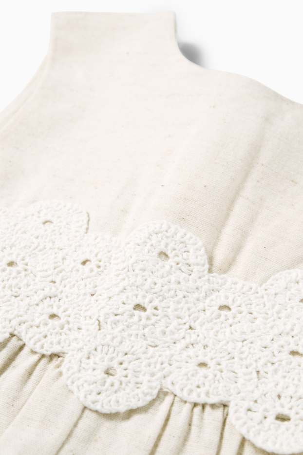 Miminka - dívky - Overal pro miminka s lněným podílem a háčkovanou aplikací - béžová