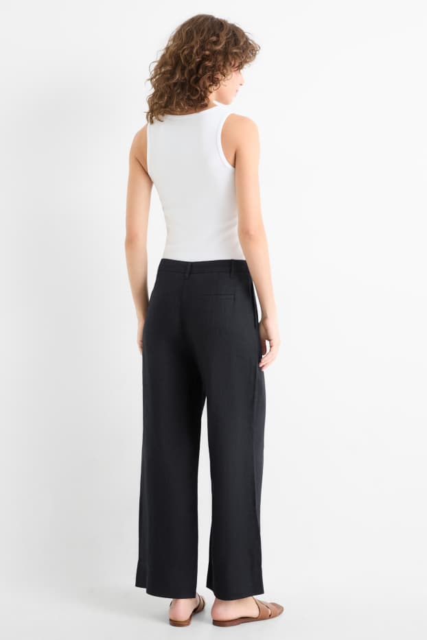Dames - Linnen broek - high waist - wide leg - zwart