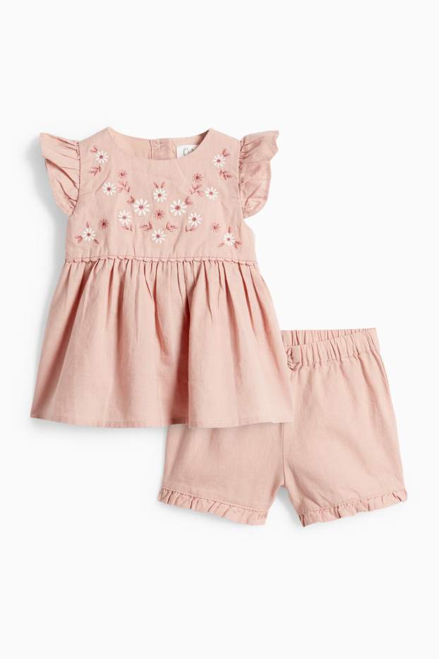 Bébés filles - Petites fleurs - tenue bébé en lin mélangé - 2 pièces - rose