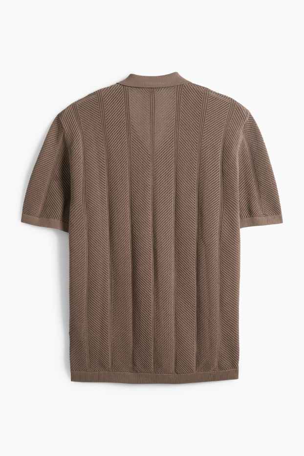 Men - Knitted shirt - regular fit - lapel collar - textured - dark brown