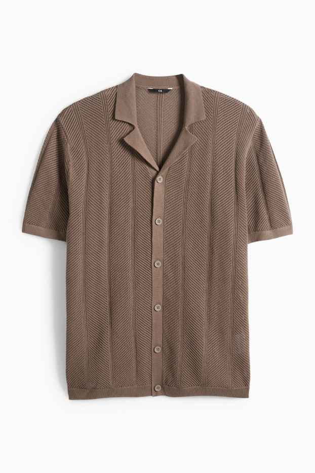 Men - Knitted shirt - regular fit - lapel collar - textured - dark brown