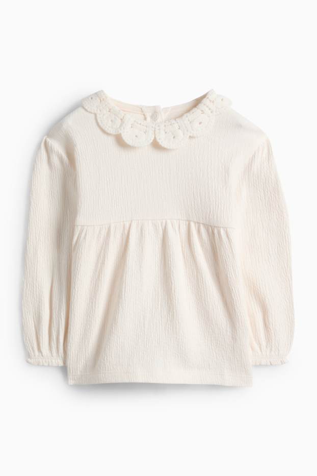 Miminka - dívky - Tričko s dlouhým rukávem pro miminka s háčkovanou aplikací - strukturované - krémově bílá