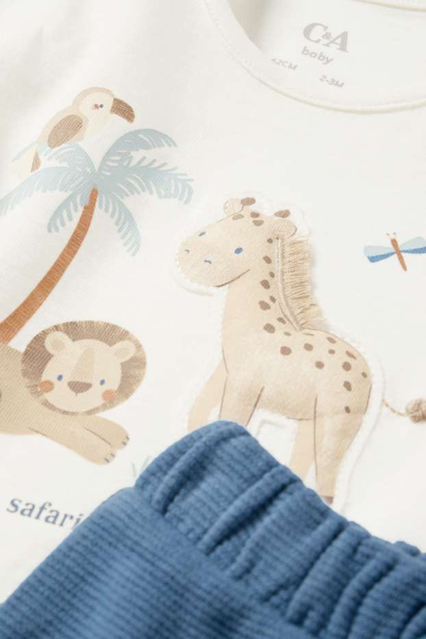 Baby Buben - Löwe und Giraffe - Baby-Outfit - 3 teilig - blau / cremefarben