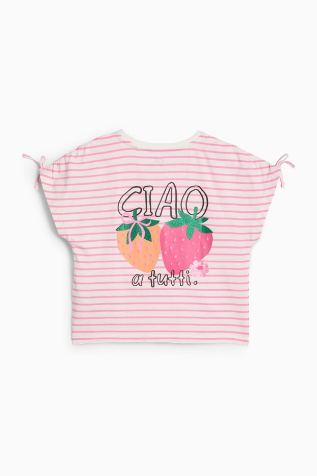 Kinder Mädchen - Erdbeere - Kurzarmshirt - gestreift - Glanz-Effekt - weiß / rosa