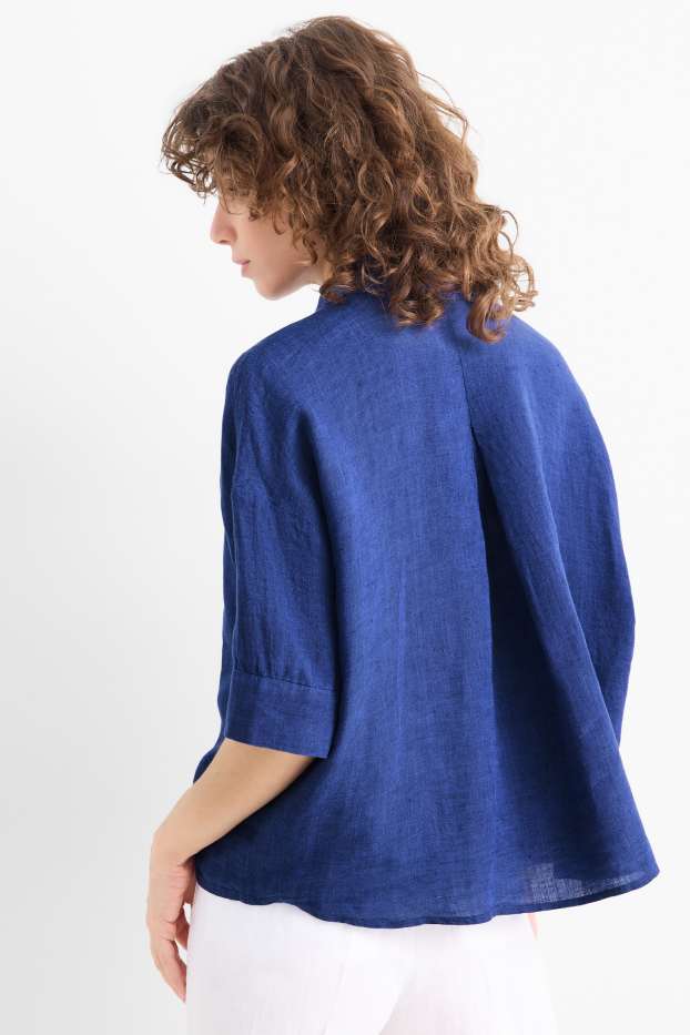 Dames - Linnen overhemdblouse - donkerblauw