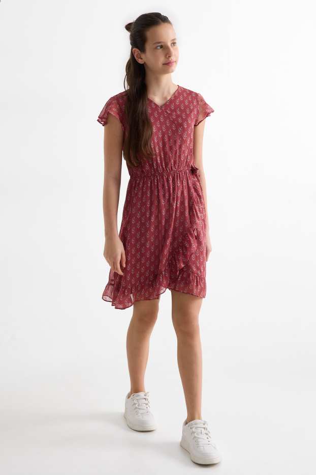 Copii - Fete - Floare - rochie - aspect lucios - roz închis