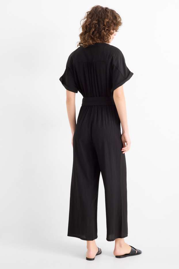 Donna - Tuta con cintura - tessuto tramato - nero