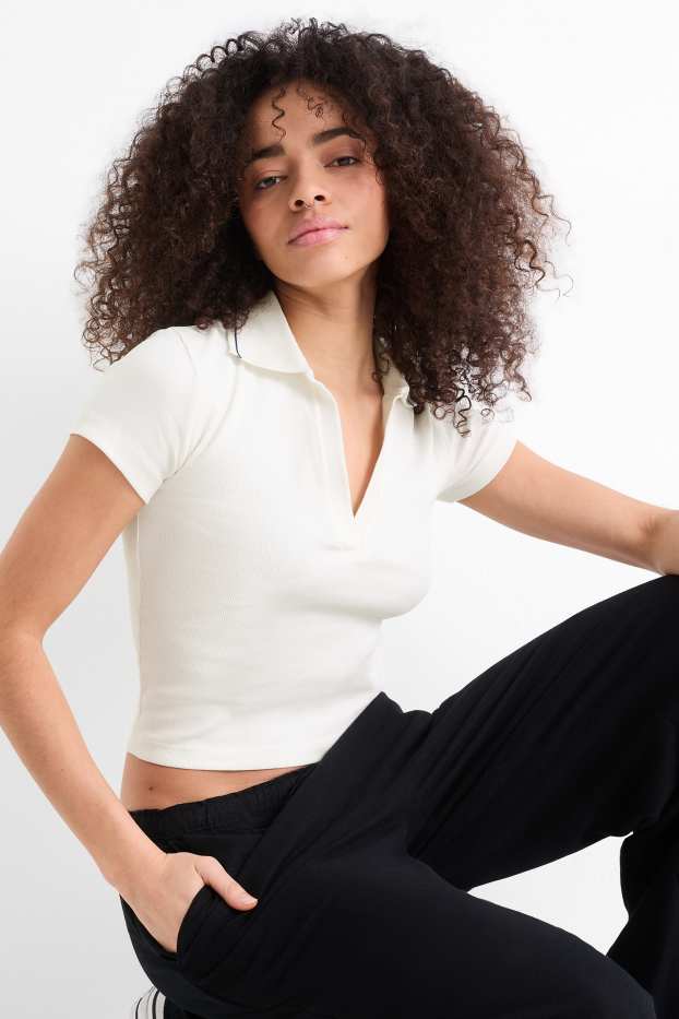 Femmes - Polo court - slim fit - finition côtelée - blanc crème