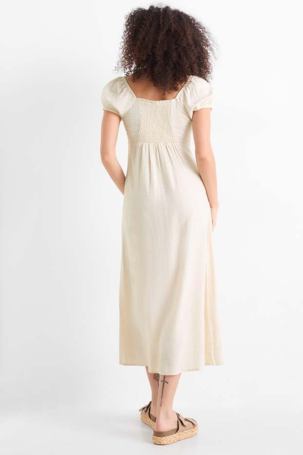 Damen - Kleid mit Schlitz und Leinen-Anteil - gesmokt - hellbeige