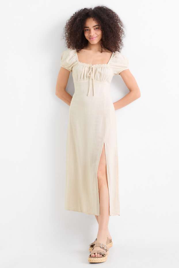 Damen - Kleid mit Schlitz und Leinen-Anteil - gesmokt - hellbeige