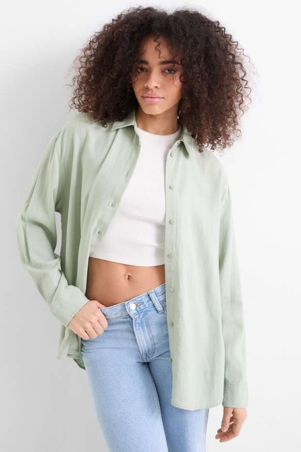 Dámské - Košilová halenka s lněným podílem - mátově zelená