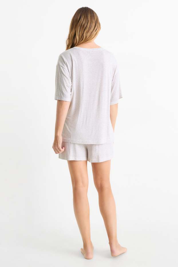 Dames - Shortama van viscose - gestreept - lichtgrijs