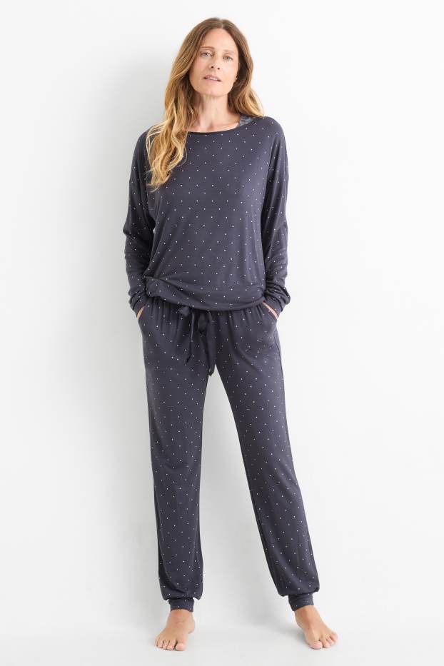 Donna - Pigiama di viscosa - a pois - blu scuro