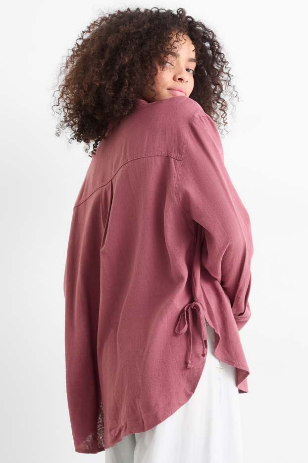 Dámské - Košilová halenka s lněným podílem - tmavě růžová