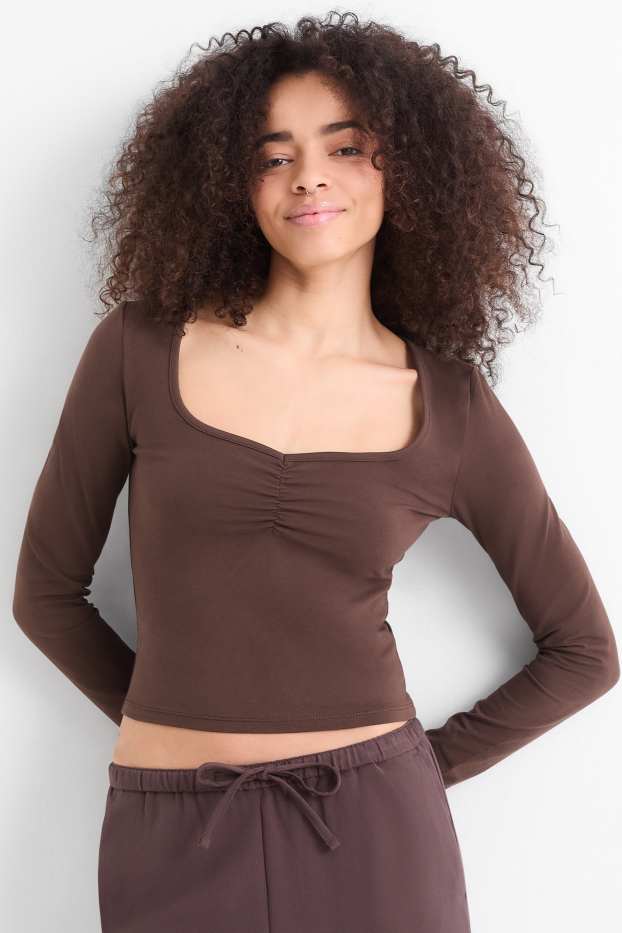 Femmes - Haut court à manches longues - slim fit - marron foncé