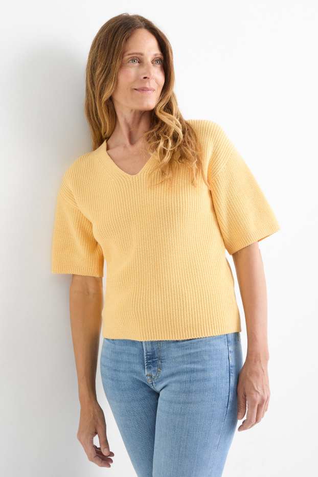 Damen - Strickpullover - kurzarm - gelb