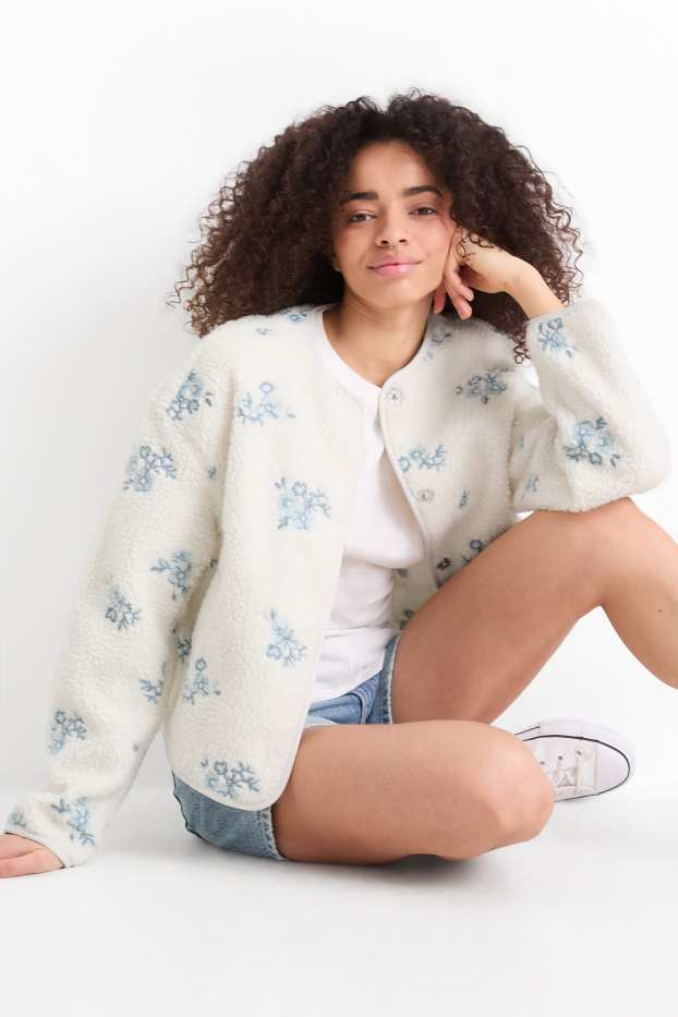 Femmes - Veste en peluche - à fleurs - blanc / bleu clair