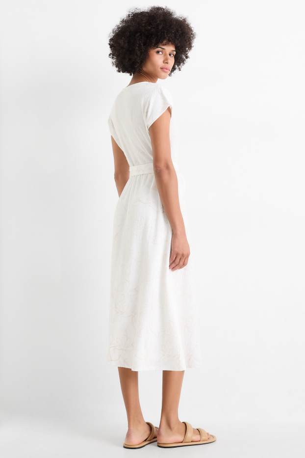 Donna - Vestito fit & flare con cintura - a fiori - tessuto tramato - bianco crema