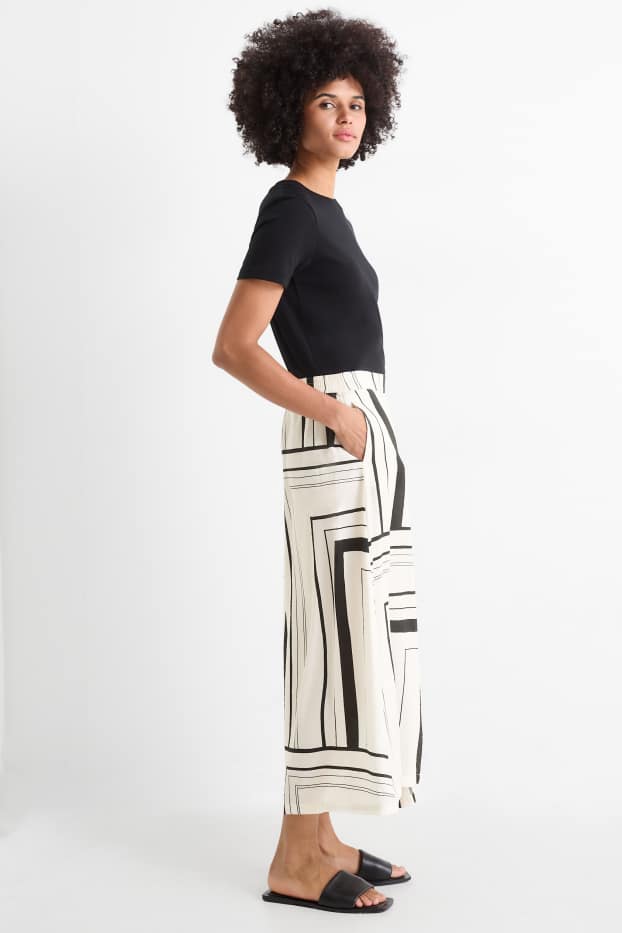 Femmes - Pantalon en toile - high waist - wide leg - à motif - noir / beige