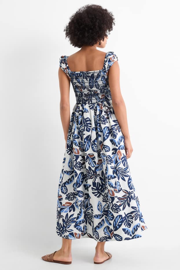 Women - Dress - patterned - smocked - dark blue / creme white