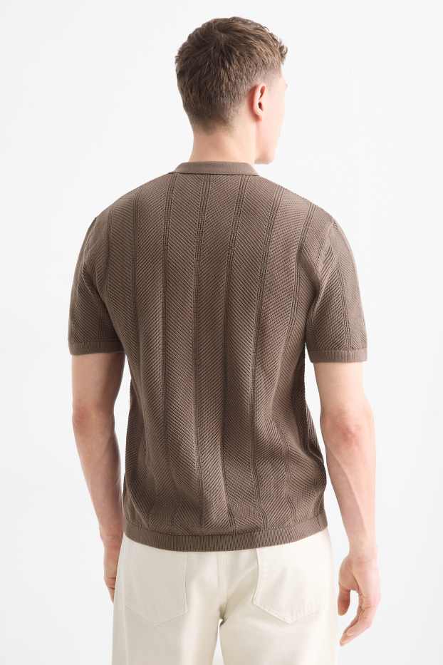 Men - Knitted shirt - regular fit - lapel collar - textured - dark brown