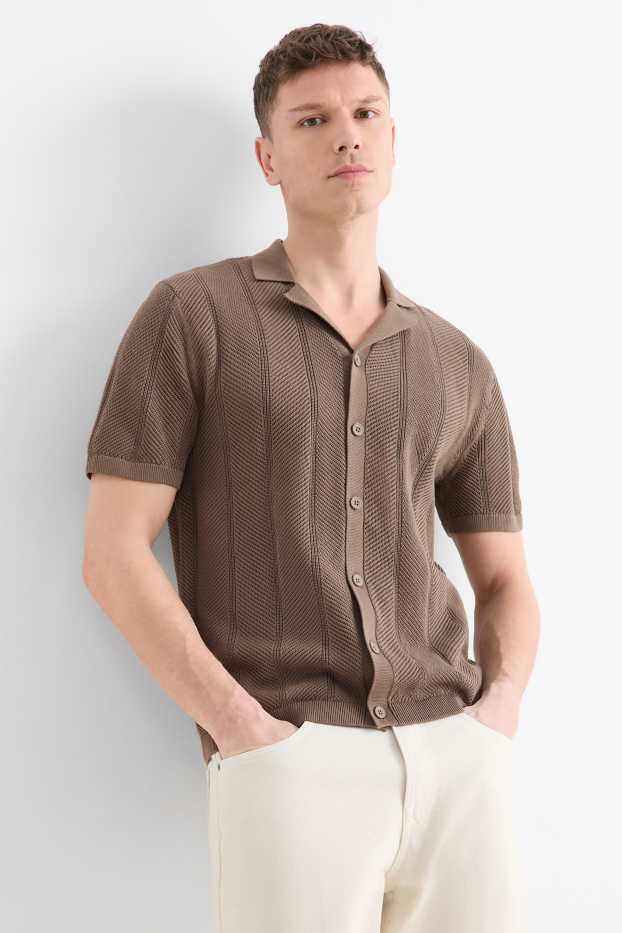 Men - Knitted shirt - regular fit - lapel collar - textured - dark brown