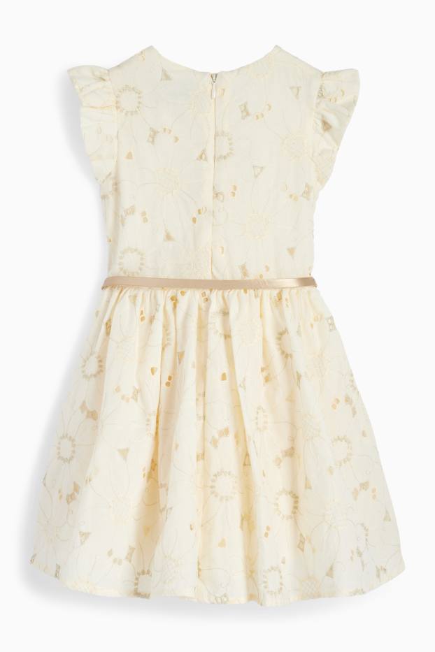 Enfants filles - Fleur - robe avec ceinture - finition brillante - allure festive - blanc crème