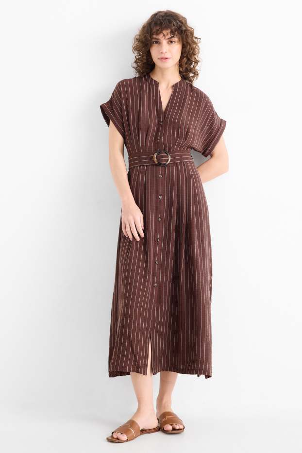Damen - Blusenkleid mit V-Ausschnitt und Gürtel - Nadelstreifen - braun
