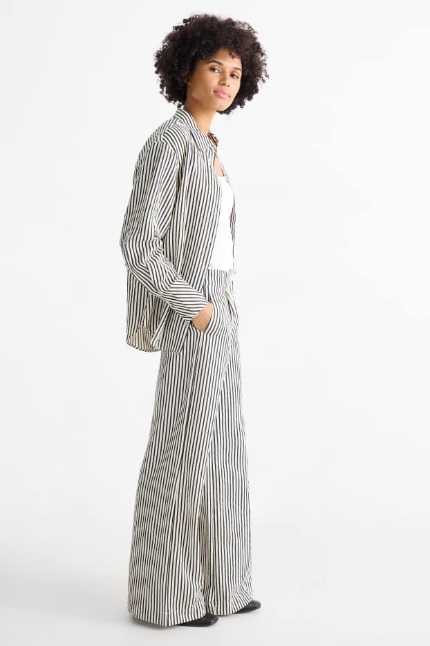 Femmes - Pantalon de toile - high waist - wide leg - à rayures - noir / beige