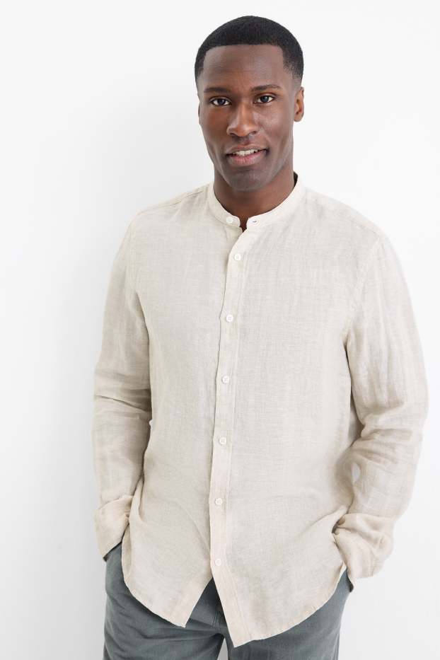 Unisex - Linnen overhemd - regular fit - opstaande kraag - licht beige
