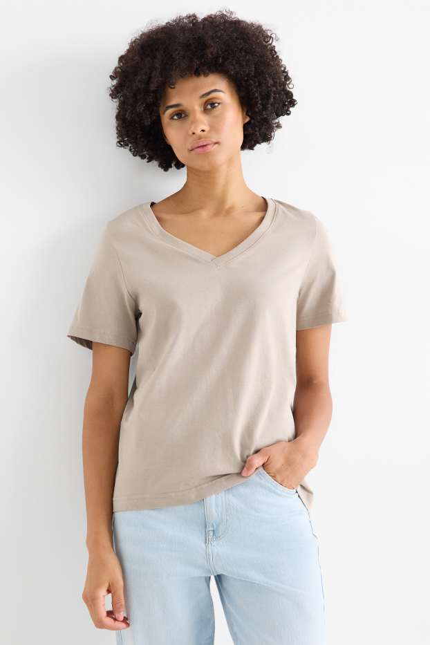 Femei - Tricou cu decolteu în V - Regular fit - bej