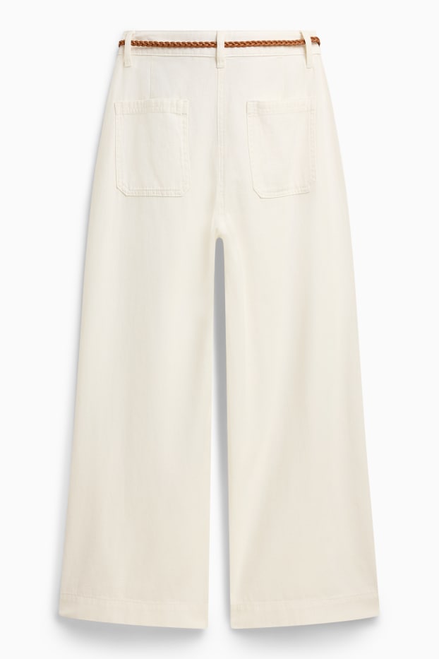 Damen - Crop Stoffhose mit Gürtel - Mid Waist - Wide Leg - weiß