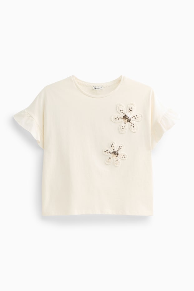 Kinder Mädchen - Blume - Kurzarmshirt - Glanz-Effekt - cremeweiss