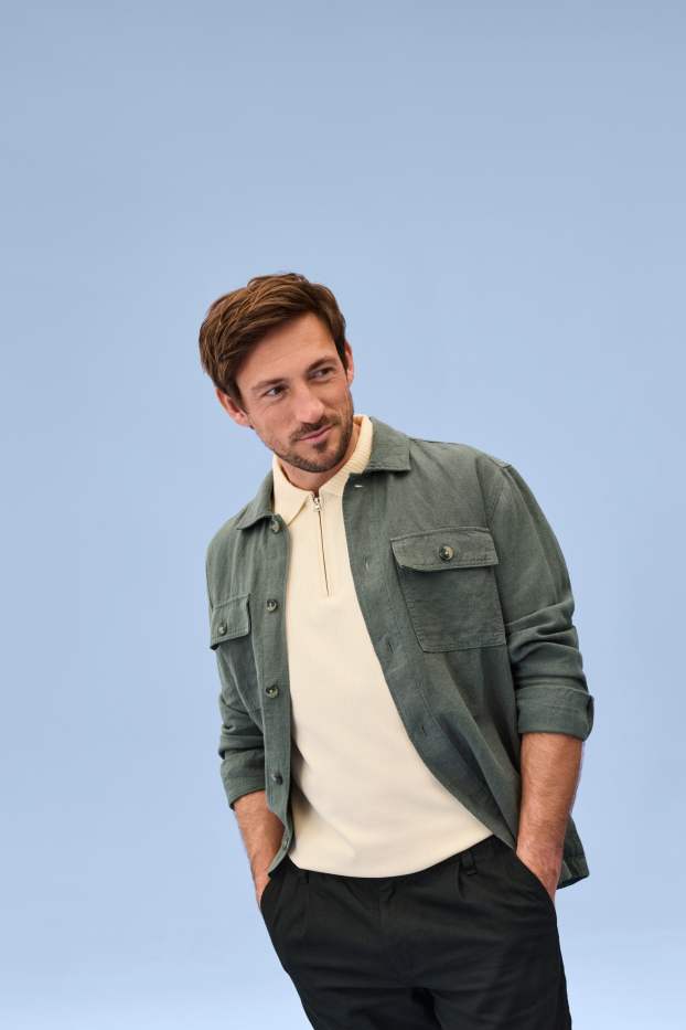 Hommes - Veste-chemise - relaxed fit - col kent - lin mélangé - vert