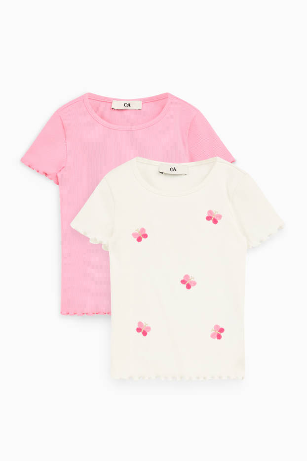 Enfants filles - Lot de 2 - papillon - T-shirt - finition côtelée - blanc / rose