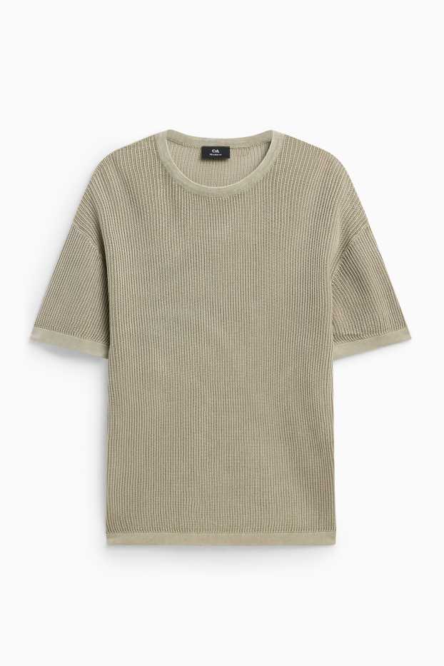 Hommes - Pull en maille - manches courtes - finition côtelée - vert