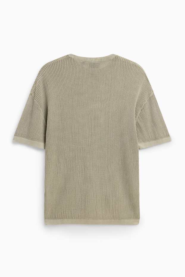 Hommes - Pull en maille - manches courtes - finition côtelée - vert