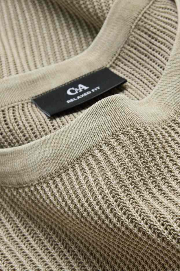 Hommes - Pull en maille - manches courtes - finition côtelée - vert