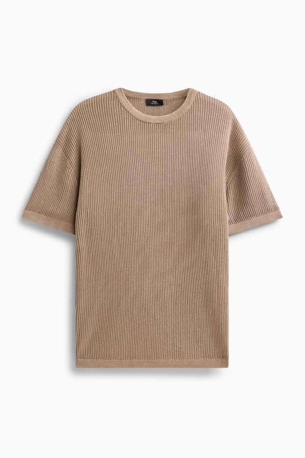 Hommes - Pull en maille - manches courtes - finition côtelée - gris