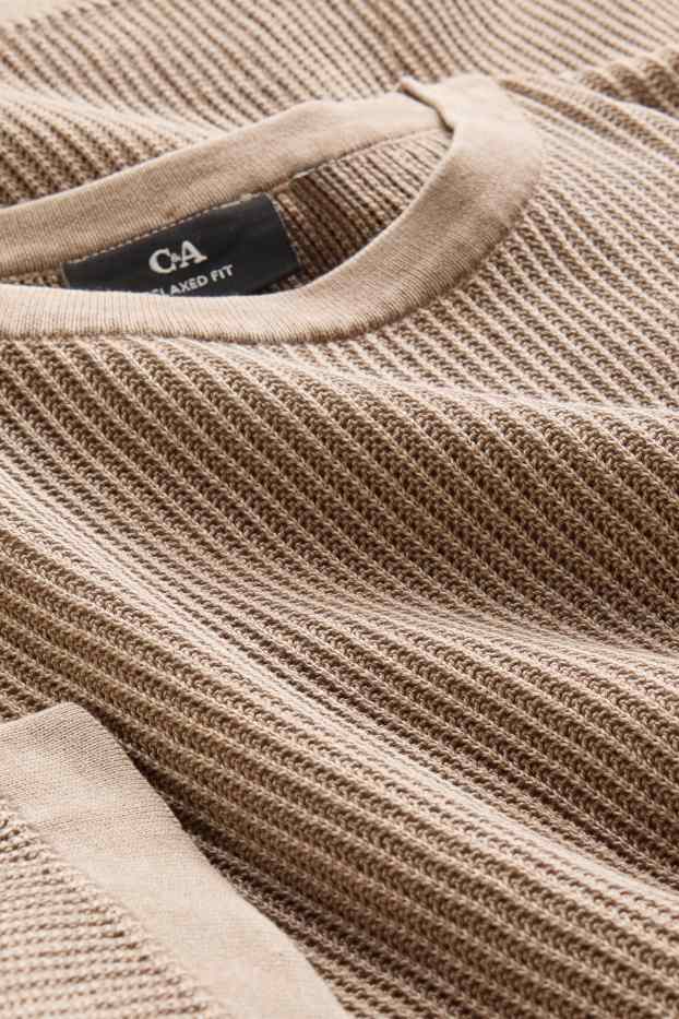 Hommes - Pull en maille - manches courtes - finition côtelée - gris