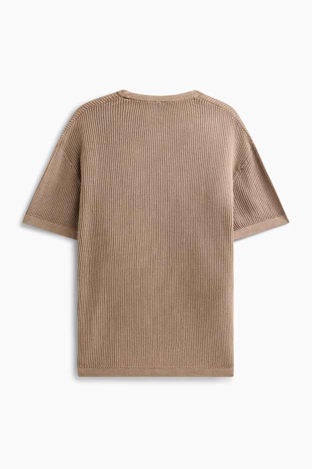 Hommes - Pull en maille - manches courtes - finition côtelée - gris