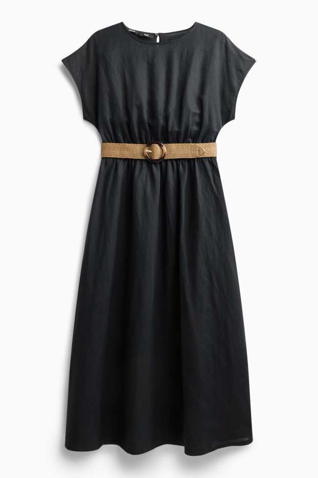 Dames - Fit & flare-jurk met ceintuur - linnenmix - zwart