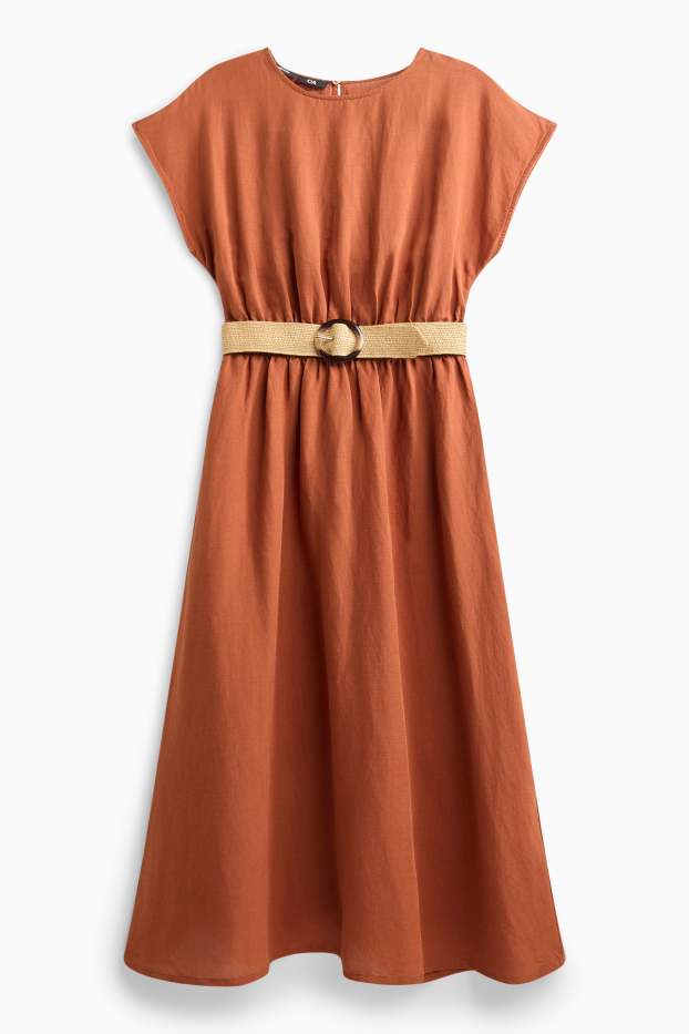 Damen - Fit & Flare Kleid mit Gürtel - Leinen-Mix - terracotta