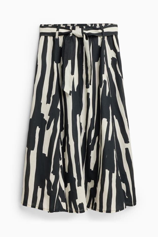 Damen - Rock mit Gürtel - Leinen-Mix - gemustert - schwarz / weiss