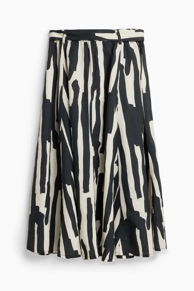 Damen - Rock mit Gürtel - Leinen-Mix - gemustert - schwarz / weiss