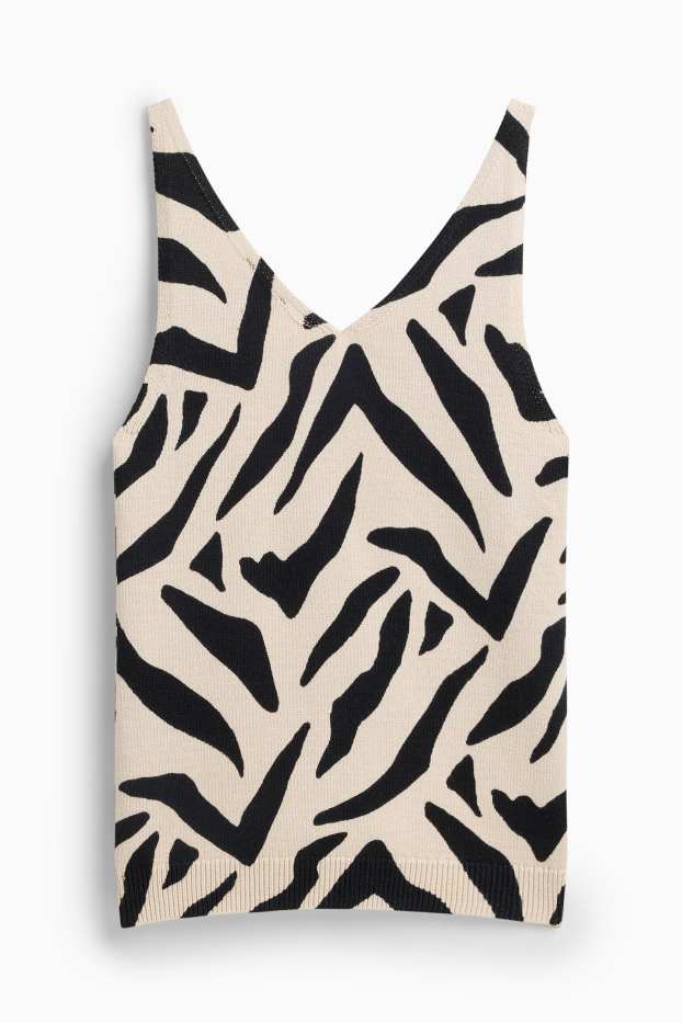 Donna - Top in maglia con scollo a V - tessuto tramato - nero / beige